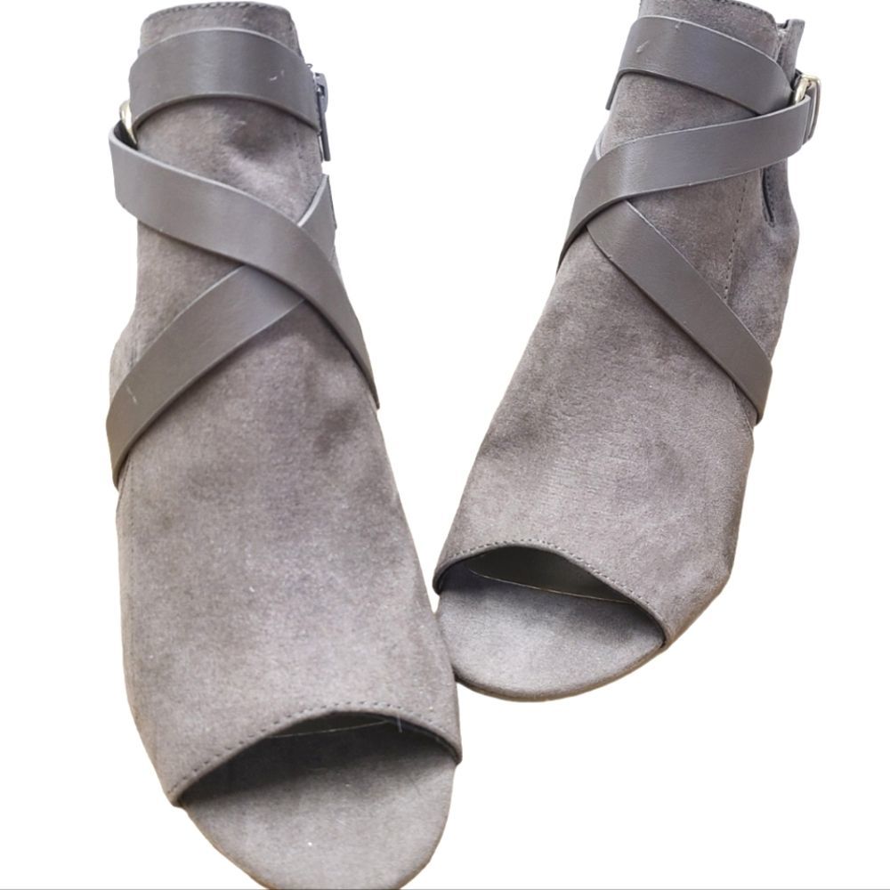 Charlotte Russe Gray Suede Open-Toe Crisscross Ankle Booties with Strap